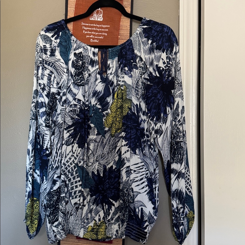 Desigual Blue Floral Amandine Blouse Puff Long Sleeves size Large